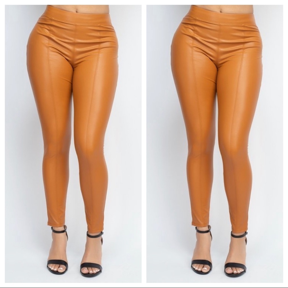 WOMEN’S TRENDY BROWN COGNAC SKINNY SPANX FAUX LEATHER PANTS
